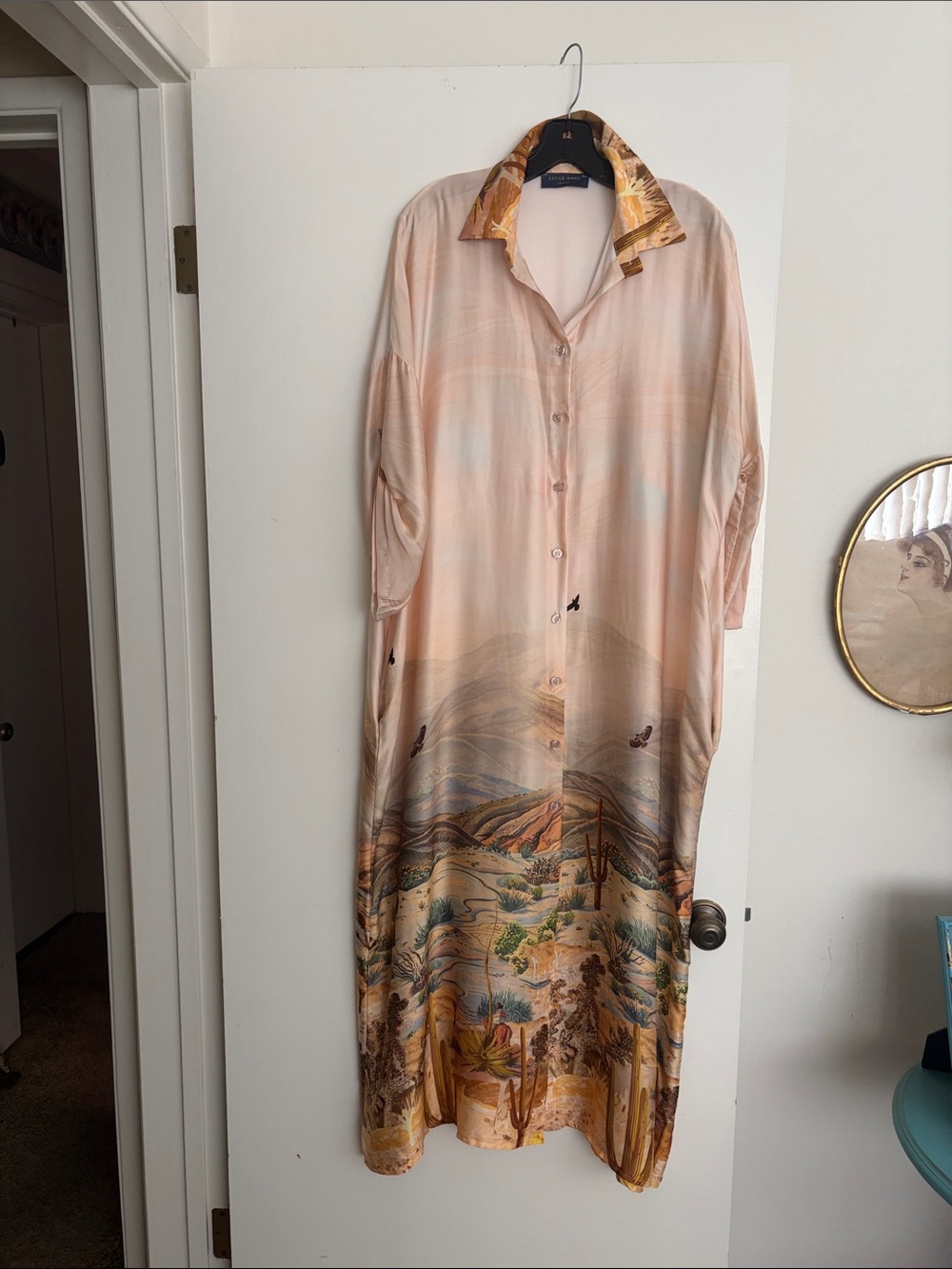 Silk Desert Print Button-Down Maxi Dress in Peach